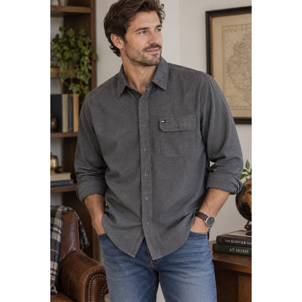 Tommy Hilfiger Mens Grey Micro‎ Check Long Sleeve Button Down Shirt Large L 6/6